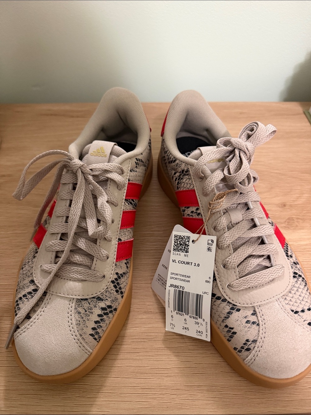 Adidas VL Court 3.0 Beige Snake Skin with Red Stripes Sneakers